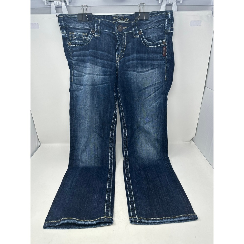 Silver Jeans Capri Women 29 Blue Santorini Dark Wash Thick Stitch Distressed